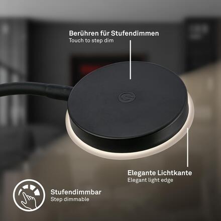 BRILONER Megg lampička na psací stůl – 12W, 800lm, LED, stmívatelné, dotykový vypínač, teplá bílá, černá 7585015