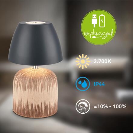 BRILONER Cera stolní lampa - 2,5W, 200lm, bezdrátová, IP44, LED, stmívatelná, teplá bílá, antracit/dřevo 7593014