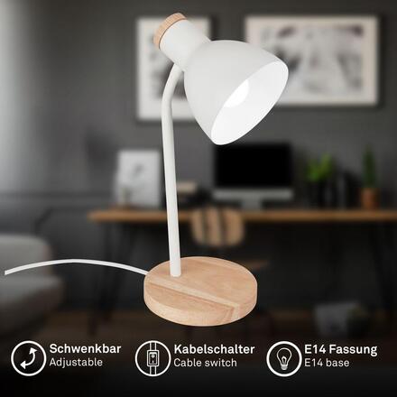 BRILONER Prep stolní lampička - s vypínačem, E14 patice, max. 10W, bílá / dřevo 7659016