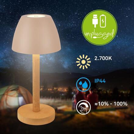 BRILONER Serina Wood stolní lampa - 2,5W, 200lm, bezdrátová, LED, dotykový vypínač, IP44, stmívatelná, béžová/dřevo 7661011