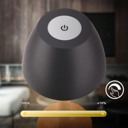 BRILONER Serina Wood stolní lampa - 2,5W, 200lm, bezdrátová, LED, dotykový vypínač, IP44, stmívatelná, antracit/dřevo 7661015