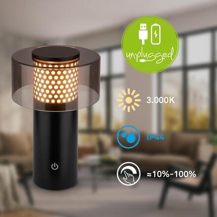 BRILONER Gila stolní lampa - 2,6W, 200lm, bezdrátová, LED, IP44, dotykový vypínač, stmívatelná, černá/zlatá 7669015