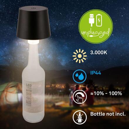 BRILONER Bota lampička na láhev - 1,8W, 120lm, nabíjecí, LED, stmívatelné, dotykový vypínač, teplá bílá, černá 7709015