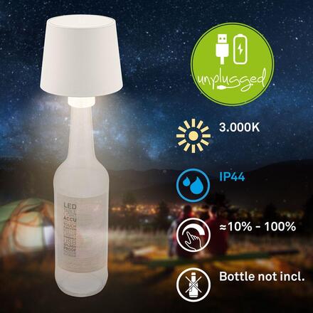 BRILONER Bota lampička na láhev - 1,8W, 120lm, nabíjecí, LED, stmívatelné, dotykový vypínač, teplá bílá, bílá 7709016
