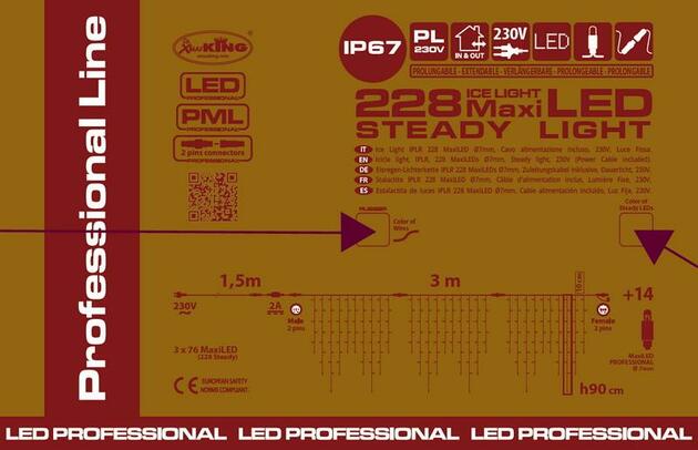 XmasKing LED krápník 3x0,9m 228 MAXI LED propojitelné PROFI 2-pin venkovní, studená bílá rampouchy