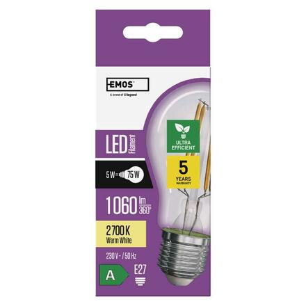 EMOS LED žárovka Filament A60 / E27 / 5 W (75 W) / 1 060 lm / teplá bílá ZF5157