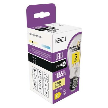 EMOS LED žárovka Filament A60 / E27 / 7,5W (75 W) / 1 055 lm / teplá bílá / stmívatelná ZF5154D