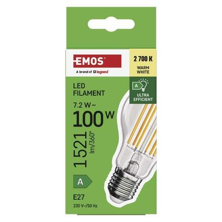 EMOS LED žárovka Filament A60 A CLASS / E27 / 7,2 W (100 W) / 1521 lm / teplá bílá ZF5167