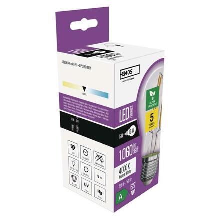 EMOS LED žárovka Filament A60 / E27 / 5 W (75 W) / 1 060 lm / neutrální bílá ZF5158