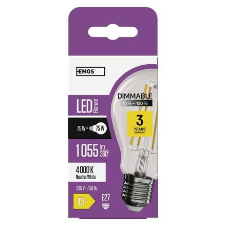 EMOS LED žárovka Filament A60 / E27 / 7,5W (75 W) / 1 055 lm / neutrální bílá / stmívatelná ZF5254D
