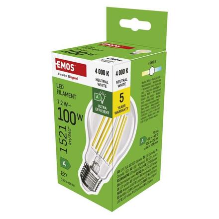 EMOS LED žárovka Filament A60 A CLASS / E27 / 7,2 W (100 W) / 1521 lm / neutrální bílá ZF5168