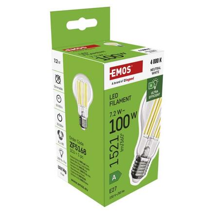 EMOS LED žárovka Filament A60 A CLASS / E27 / 7,2 W (100 W) / 1521 lm / neutrální bílá ZF5168