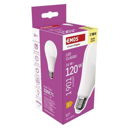 EMOS LED žárovka Classic A70 / E27 / 16 W (120 W) / 1901 lm / teplá bílá ZQ5E71
