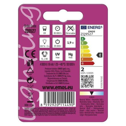 EMOS LED žárovka Classic JC / G9 / 1,9 W (22 W) / 210 lm / neutrální bílá ZQ9527