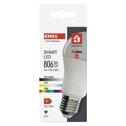 EMOS Chytrá LED žárovka GoSmart A60 / E27 / 9 W (60 W) / 806 lm / RGB / stmívatelná / Zigbee ZQZ514R