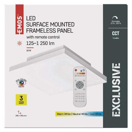 EMOS LED přisazené svítidlo EXCLUSIVE, čtvercové 18W frameless, stmív. se změnou CCT, CRI&gt;95 ZM5181