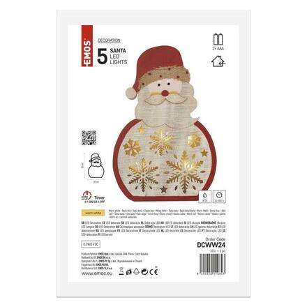 EMOS LED dekorace dřevěná – Santa, 30 cm, 2x AAA, vnitřní, teplá bílá, časovač DCWW24