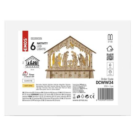 EMOS LED vánoční betlém dřevěný, 15 cm, 2x AA, vnitřní, teplá bílá, časovač DCWW34