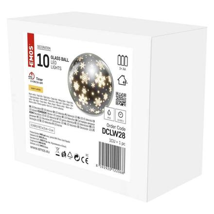 EMOS LED vánoční skleněná koule - vločky, 12 cm, 3x AA, vnitřní, teplá bílá, časovač DCLW28