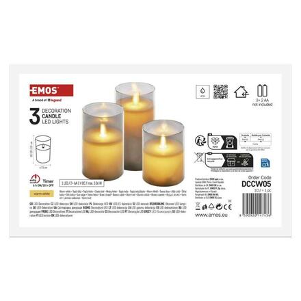EMOS LED dekorace - 3x vosková svíčka ve skle, 6x AA, teplá bílá, časovač DCCW05