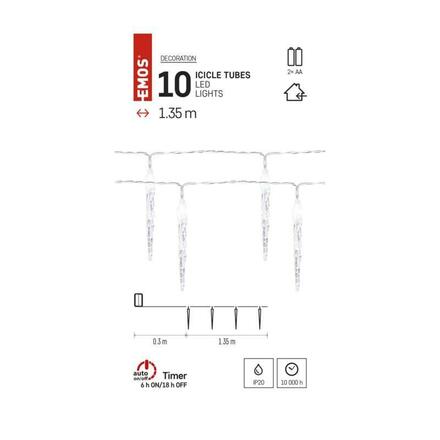 EMOS LED vánoční girlanda – 10x rampouch, 1,35 m, 2x AA, vnitřní, studená bílá, časovač DCGC01