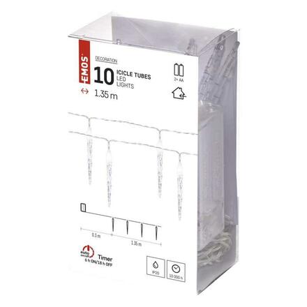EMOS LED vánoční girlanda – 10x rampouch, 1,35 m, 2x AA, vnitřní, studená bílá, časovač DCGC01