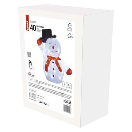 EMOS LED vánoční sněhulák s kloboukem, 36 cm, venkovní i vnitřní, studená bílá, časovač DCFC18