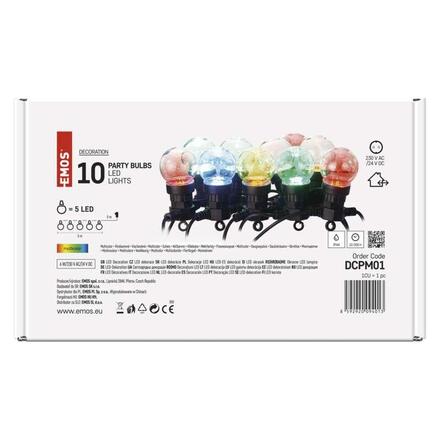 EMOS LED světelný řetěz – 10x párty žárovky, 5 m, venkovní i vnitřní, multicolor DCPM01