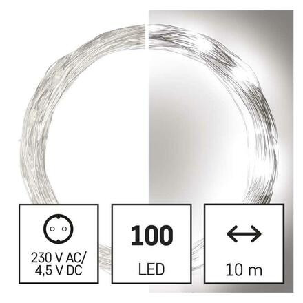 EMOS LED vánoční nano řetěz stříbrný, 10 m, venkovní i vnitřní, studená bílá, časovač D3AC01
