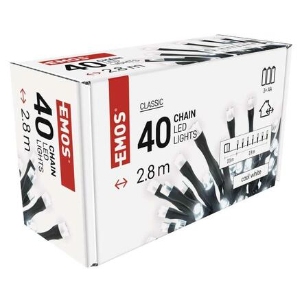EMOS LED vánoční řetěz, 2,8 m, 3x AA, venkovní i vnitřní, studená bílá, časovač D4FC01