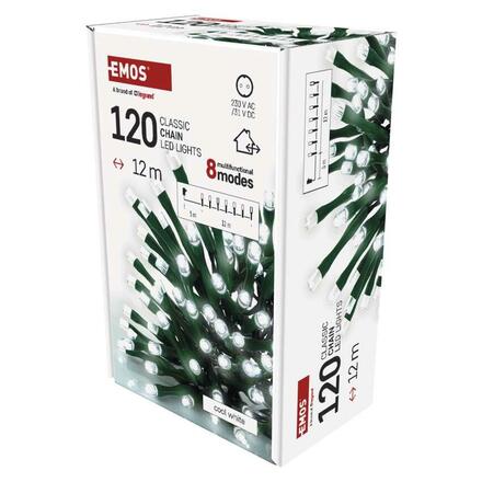 EMOS LED vánoční řetěz, 12 m, venkovní i vnitřní, studená bílá, programy, časovač D4AC23