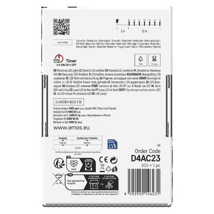EMOS LED vánoční řetěz, 12 m, venkovní i vnitřní, studená bílá, programy, časovač D4AC23