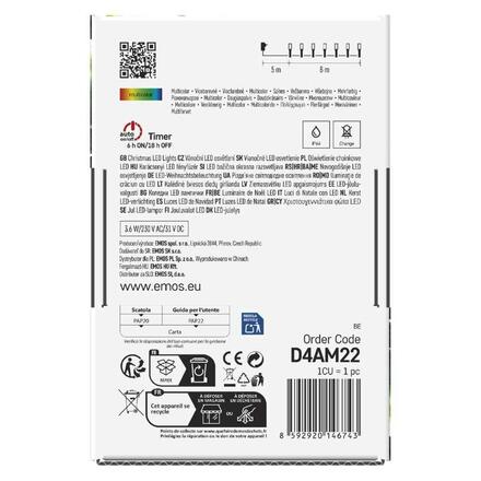 EMOS LED vánoční řetěz, 8 m, venkovní i vnitřní, multicolor, programy, časovač D4AM22