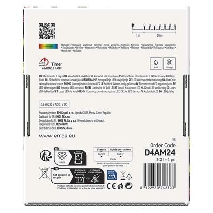 EMOS LED vánoční řetěz, 18 m, venkovní i vnitřní, multicolor, programy, časovač D4AM24