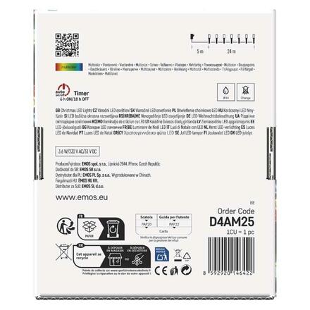 EMOS LED vánoční řetěz, 24 m, venkovní i vnitřní, multicolor, programy, časovač D4AM25