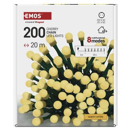 EMOS LED vánoční cherry řetěz - kuličky, 20 m, venkovní i vnitřní, teplá bílá, programy,časovač D5AW23