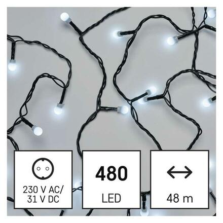 EMOS LED vánoční cherry řetěz – kuličky, 48 m, venkovní i vnitřní, studená bílá, časovač D5AC05