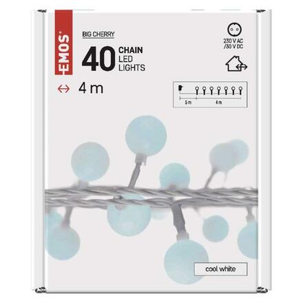 EMOS LED světelný cherry řetěz – kuličky 2,5 cm, 4 m, venkovní i vnitřní, studená bílá, časovač D5AC01