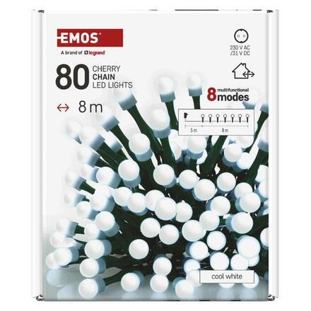 EMOS LED vánoční cherry řetěz - kuličky, 8 m, venkovní i vnitřní, studená bílá, programy, časovač D5AC22