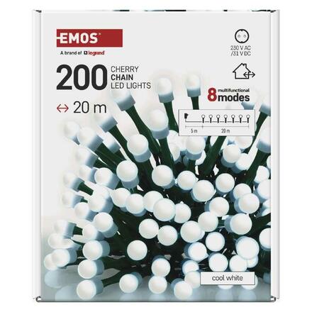 EMOS LED vánoční cherry řetěz - kuličky, 20 m, venkovní i vnitřní, studená bílá, programy, časovač D5AC23