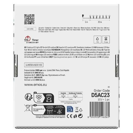 EMOS LED vánoční cherry řetěz - kuličky, 20 m, venkovní i vnitřní, studená bílá, programy, časovač D5AC23