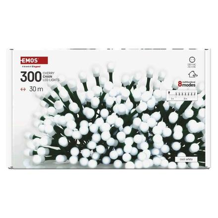 EMOS LED vánoční cherry řetěz - kuličky, 30 m, venkovní i vnitřní, studená bílá, programy ,časovač D5AC24