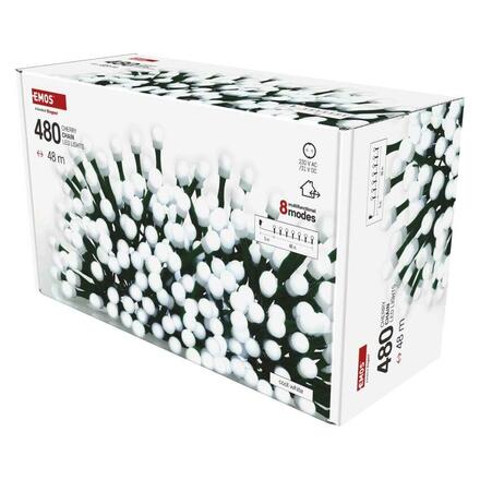 EMOS LED vánoční cherry řetěz - kuličky, 48 m, venkovní i vnitřní, studená bílá, programy, časovač D5AC25