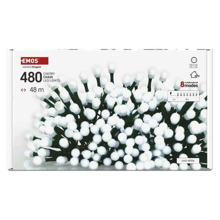 EMOS LED vánoční cherry řetěz - kuličky, 48 m, venkovní i vnitřní, studená bílá, programy, časovač D5AC25