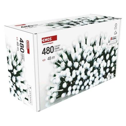 EMOS LED vánoční cherry řetěz - kuličky, 48 m, venkovní i vnitřní, studená bílá, programy, časovač D5AC25