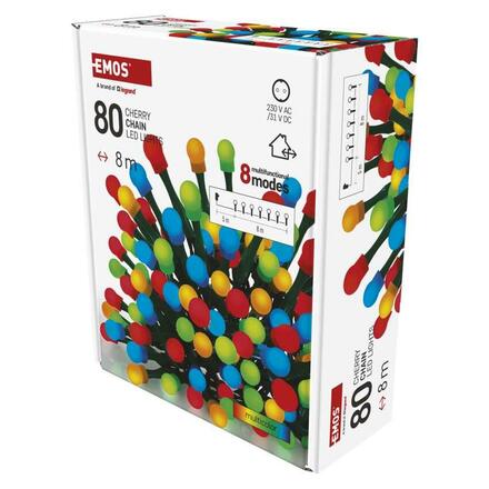 EMOS LED vánoční cherry řetěz - kuličky, 8 m, venkovní i vnitřní, multicolor, programy, časovač D5AM22