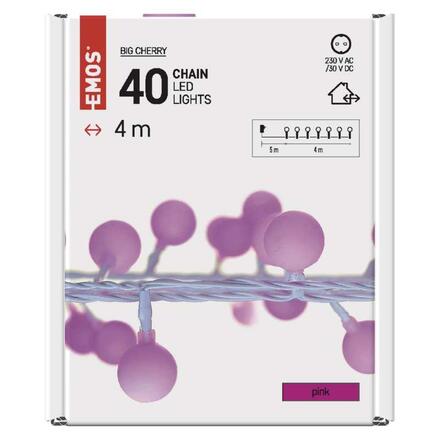 EMOS LED světelný cherry řetěz – kuličky 2,5 cm, 4 m, venkovní i vnitřní, růžová, časovač D5AP01