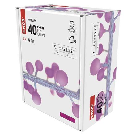 EMOS LED světelný cherry řetěz – kuličky 2,5 cm, 4 m, venkovní i vnitřní, růžová, časovač D5AP01