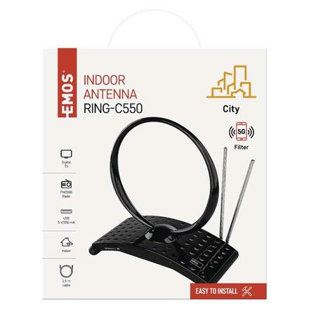EMOS Anténa pokojová CITY RING-C550, DVB-T2, DAB, FM, filtr LTE/4G/5G J0701