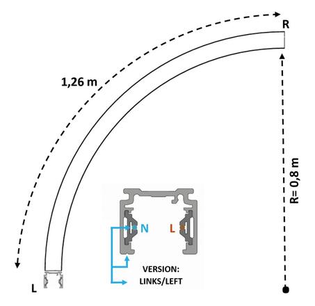 Deko-Light 1-fázový kolejnicový systém D One přisazená kolejnice, zakřivená 90°, R=0,8m, levá bílá 720042